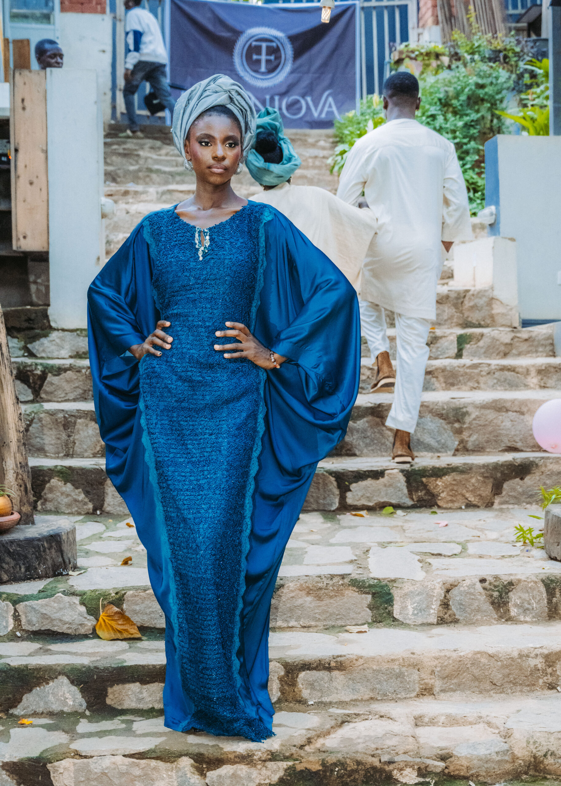 LOOK 20 (1) Blue silk bubu with lace - Image 1