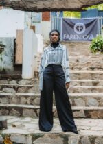 Sky blue long sleeve blouse and  Midnight blue trouser
